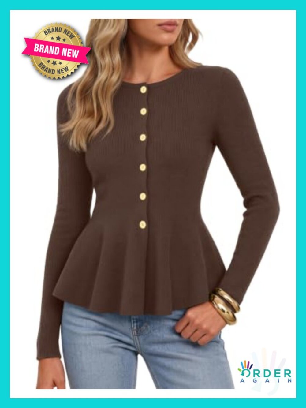 Women's Peplum Cardigan Sweater Lightweight Ribbed Knit Button Down